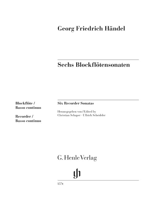 Handel Recorder Sonatas Score - Performance Score With Figured Basso Part, No Realisation