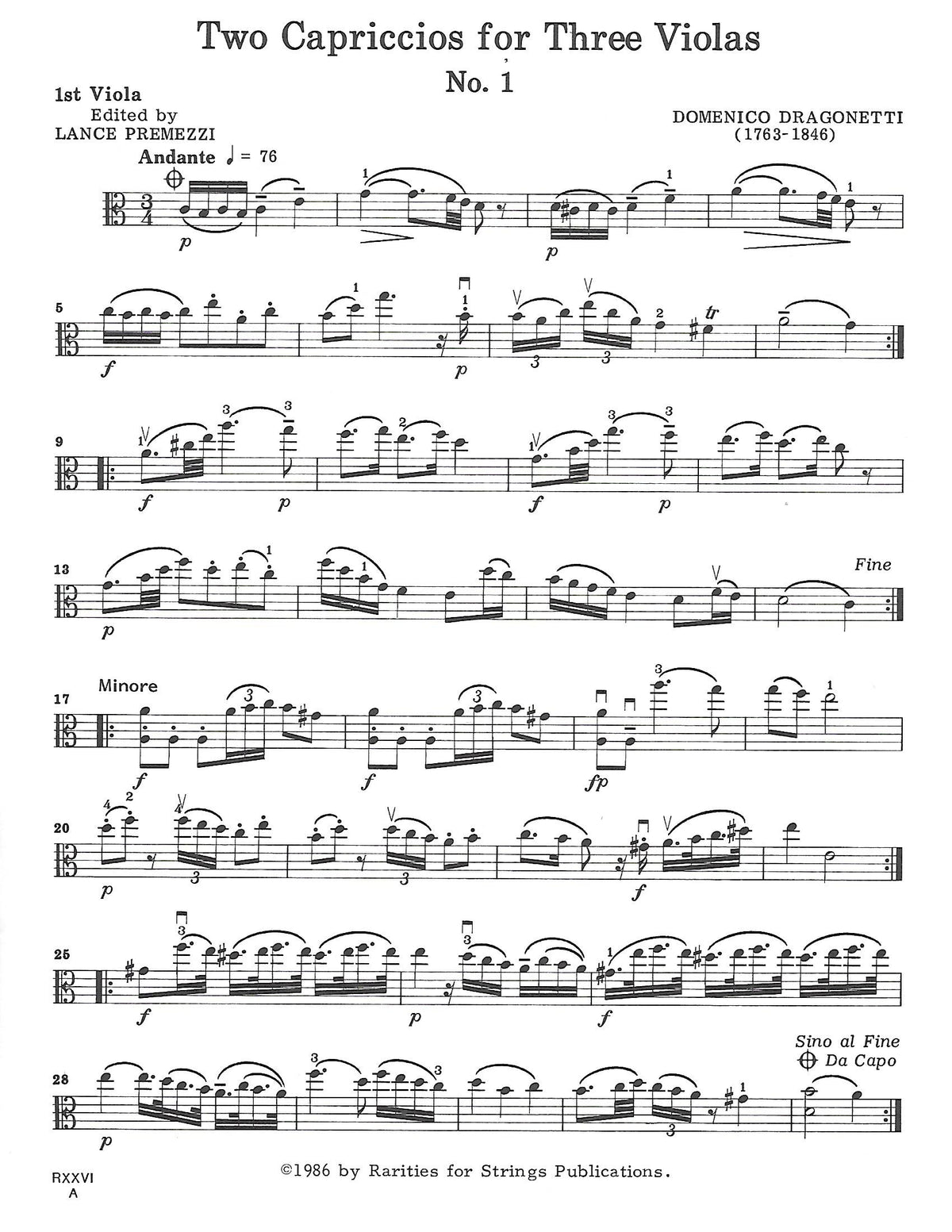 Dragonetti, Domenico (Premezzi) Two Capriccios for Three Violas (Parts)