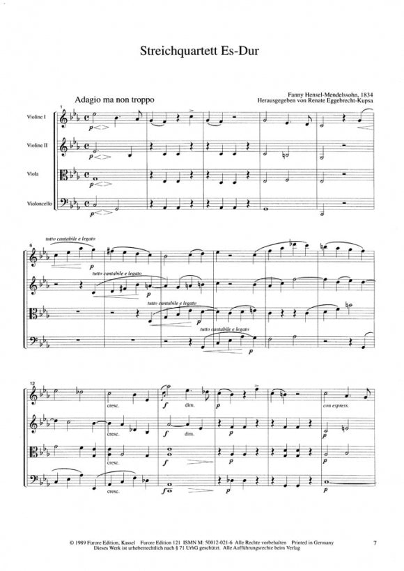 Fanny Hensel Mendelssohn String Quartet E flat major (score and parts)