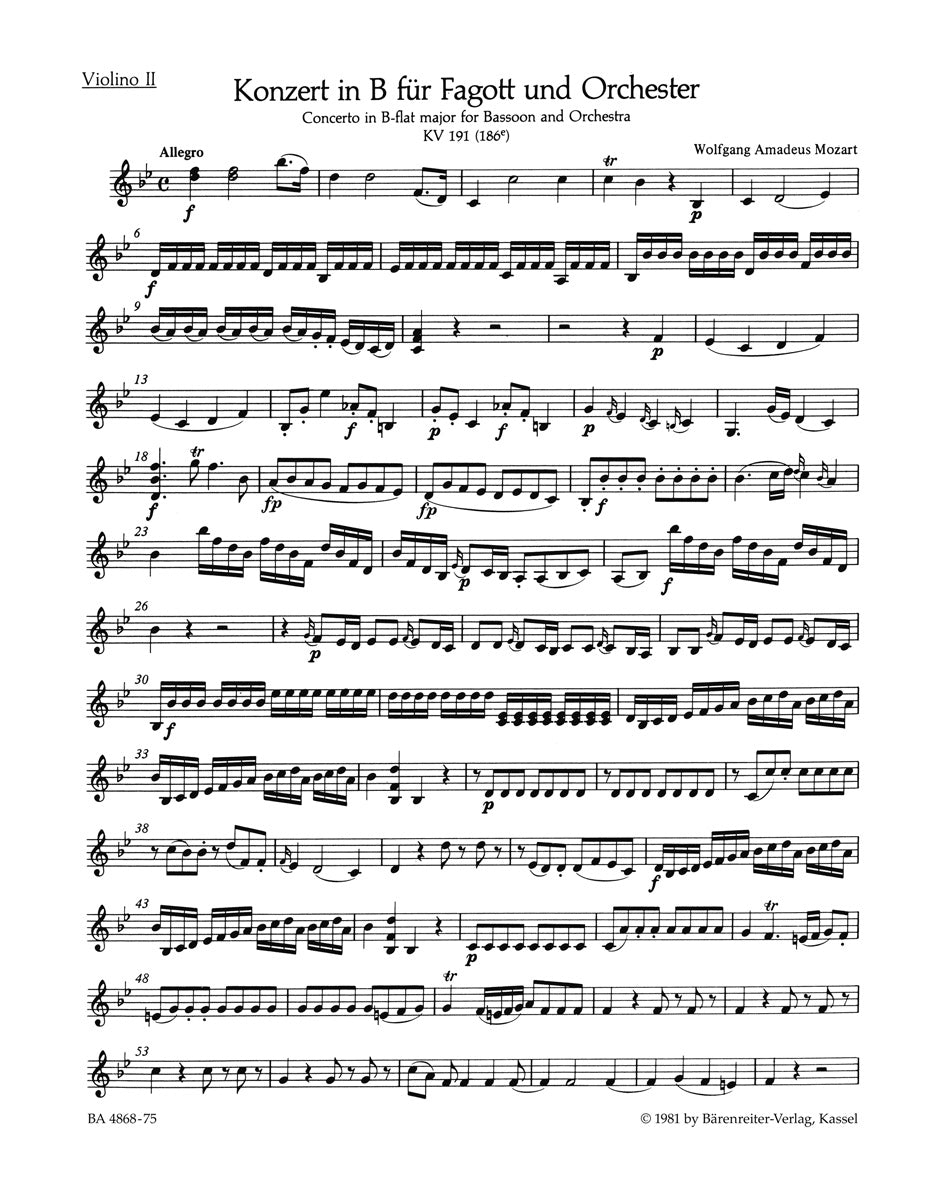 Mozart Bassoon Concerto in  B-flat major K. 191(186e) - Violin 2 Part