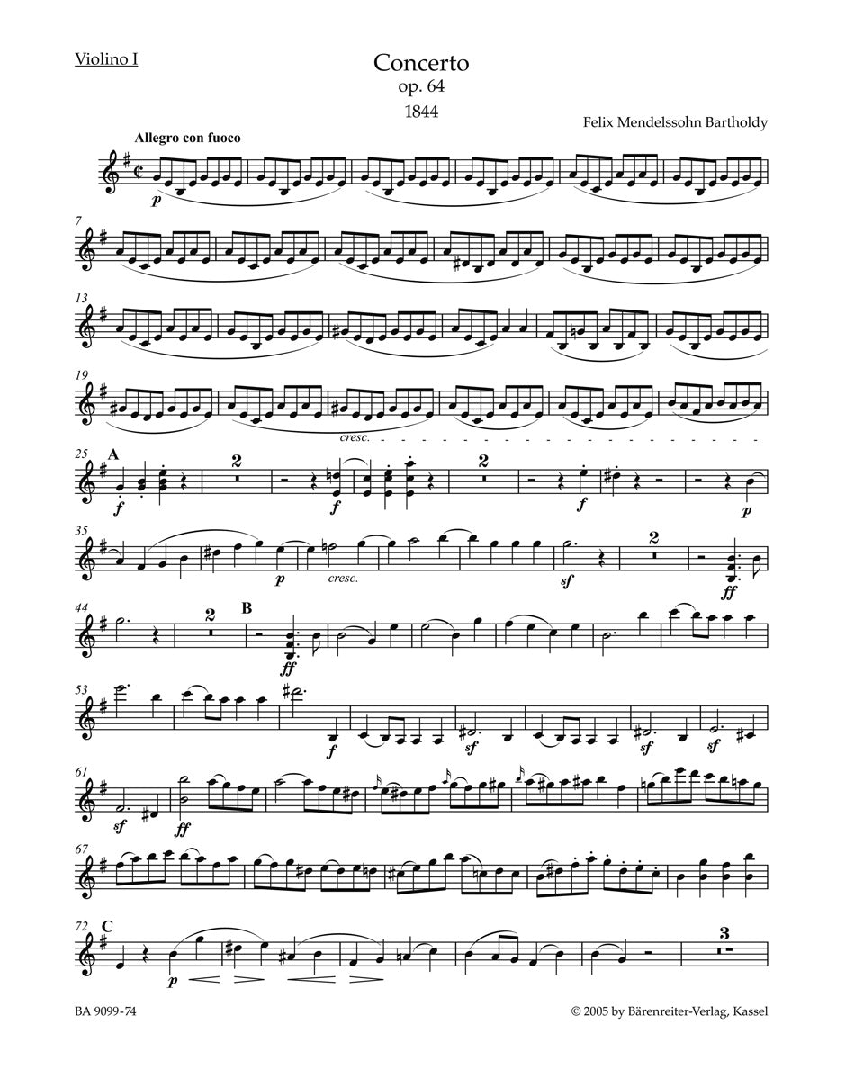 Mendelssohn Concerto for Violin and Orchestra in E minor Violin 1 Part CLEARANCE SHEET MUSIC / FINAL SALE