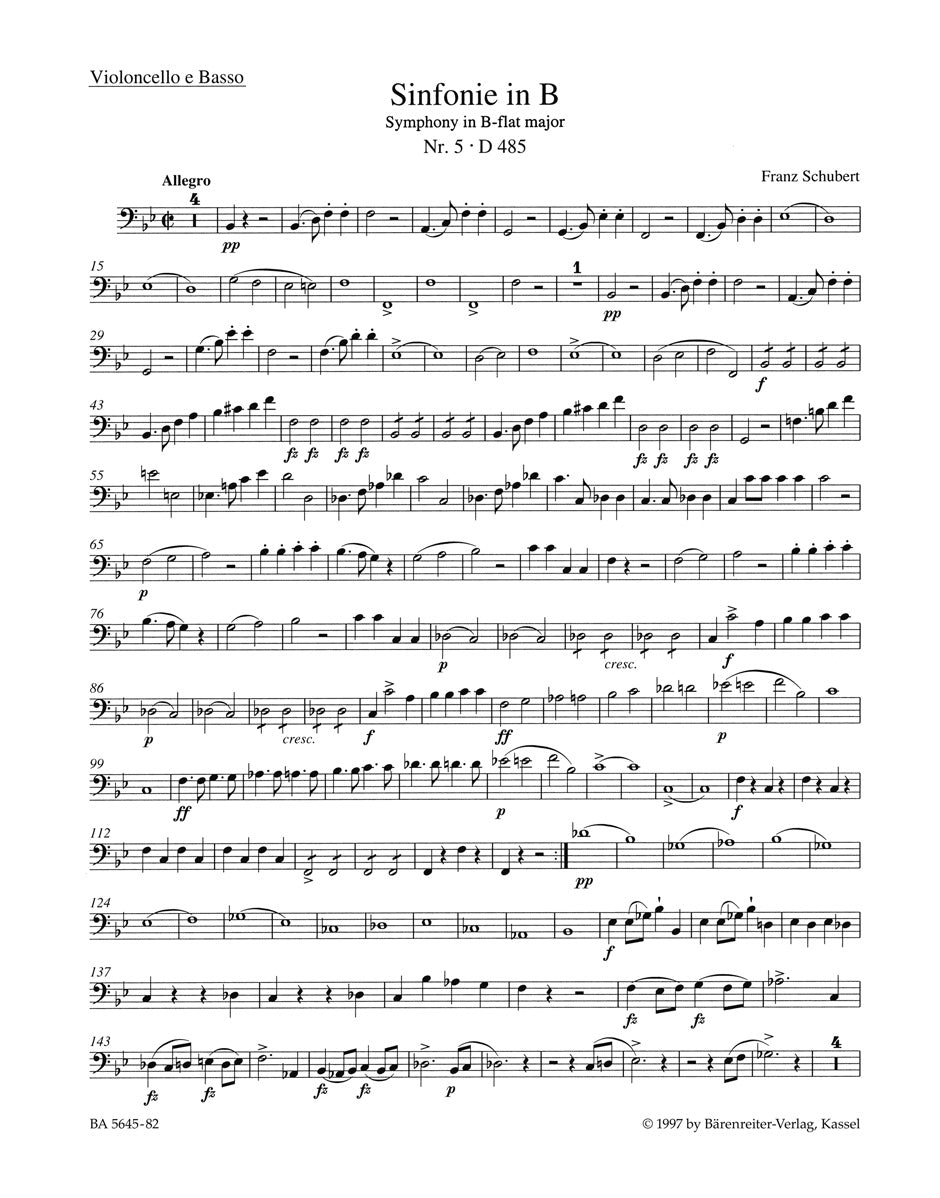 Schubert Symphony no. 5 in B-flat major D 485 Cello/Bass Part