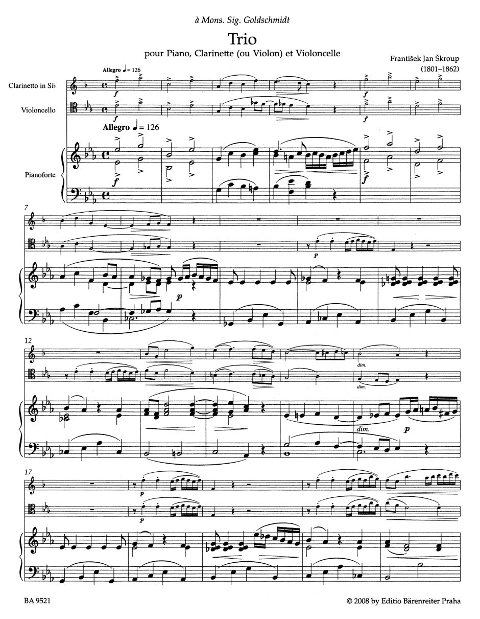 Skroup Trio for Piano, Clarinet (Violin) and Violoncello in E flat major Opus 27