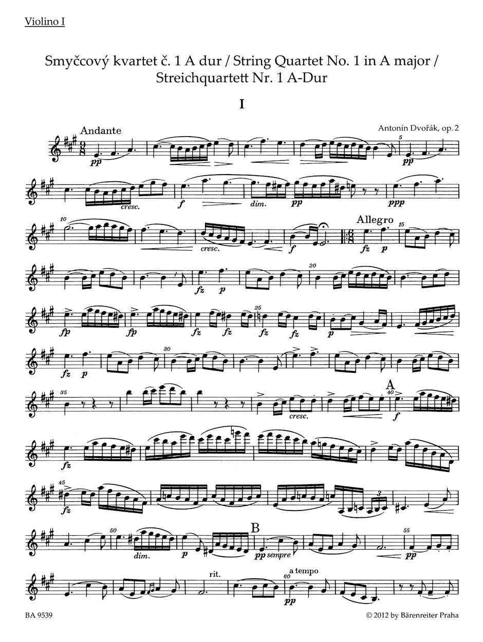 Dvorak String Quartet No 1 in A major Opus 2