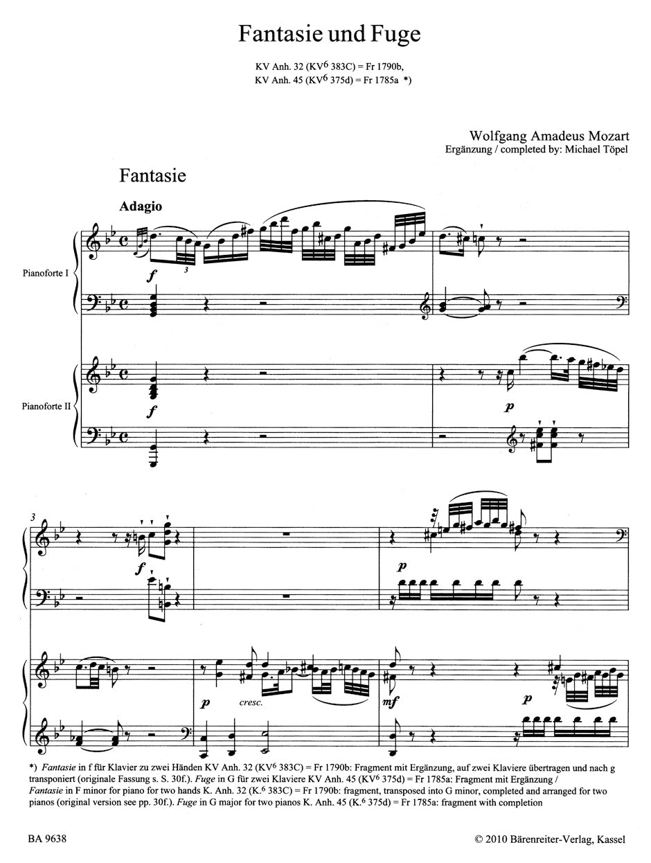 Mozart Fantasie in G minor and Fuga in G major, Sonata Movement (Grave and Presto) in B-flat major for two Pianos K. Anh. 32, K. Anh. 45, K. Anh. 42