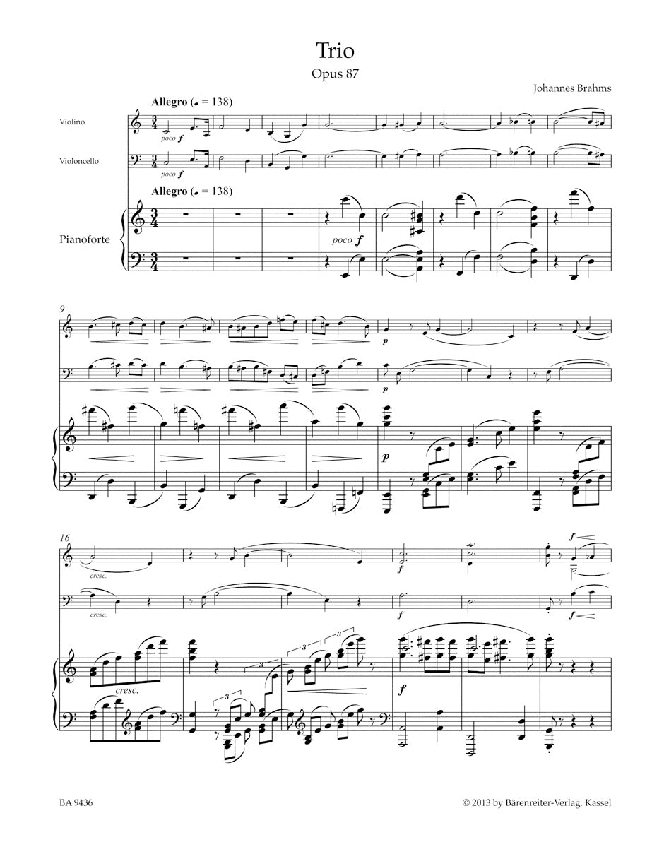 Brahms Trio for Violin Violoncello and Piano Opus 87