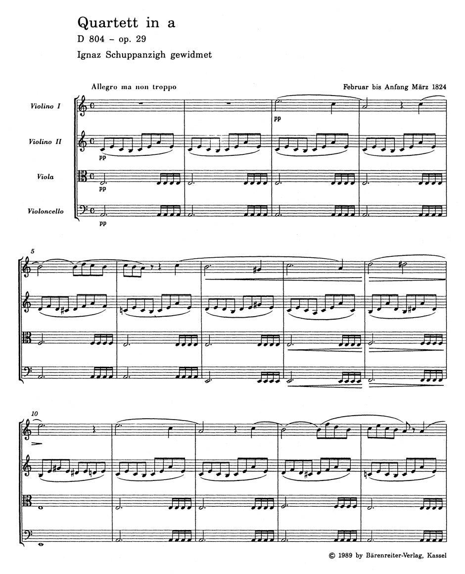 Schubert String Quartet A minor D 804 op. 29 "Rosamunde" / String Quartet C minor D 703 "Quartett-Satz" and fragment of the second movement