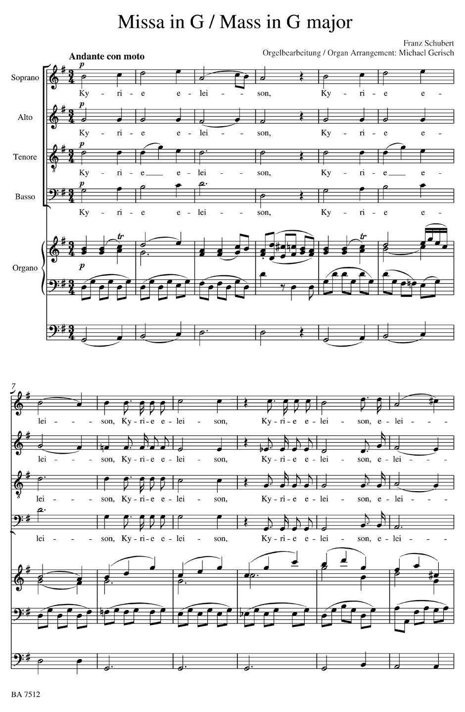 Schubert Missa G major D 167 (Arranged for Soloists, Choir and Organ)