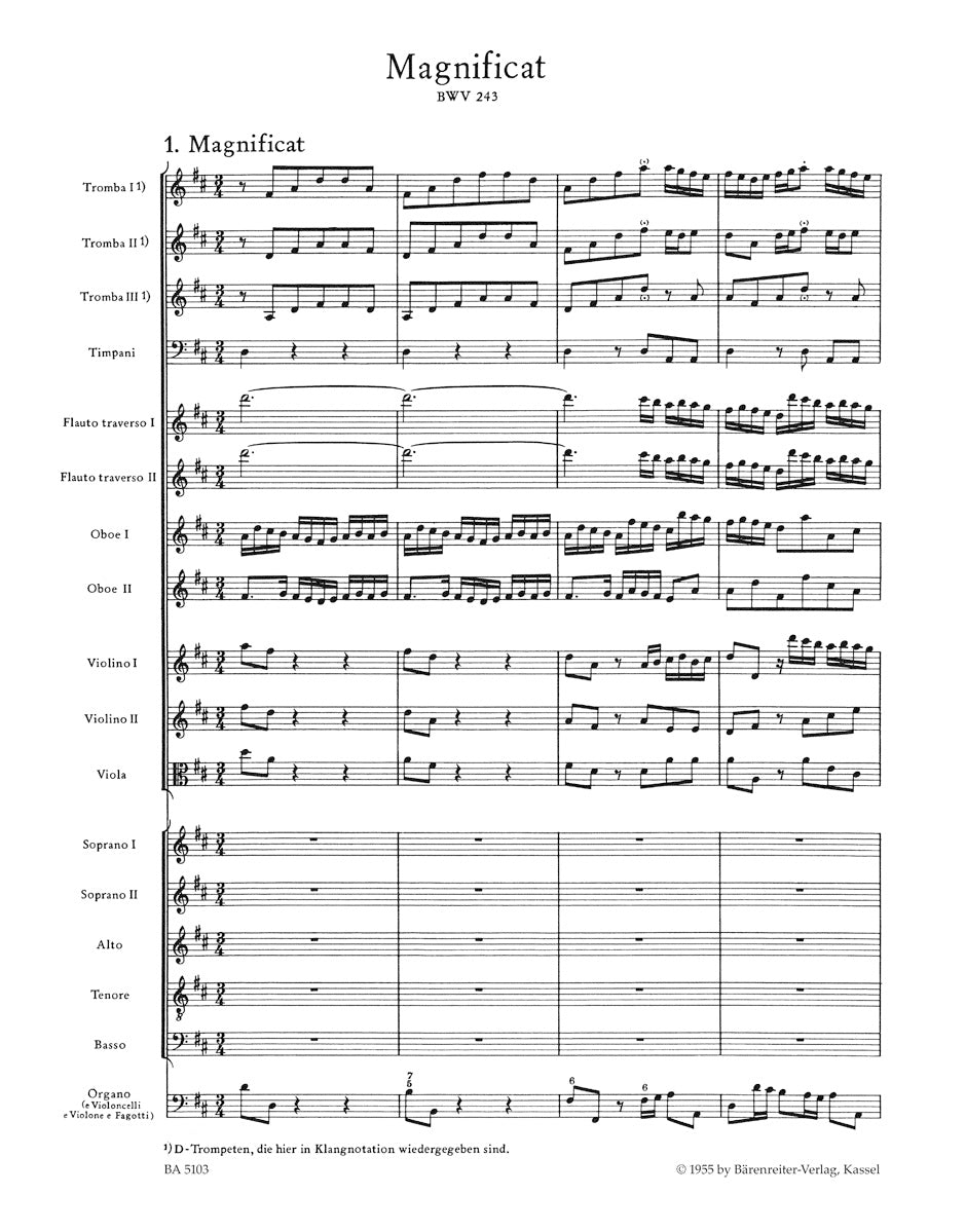 Bach Magnificat D major BWV 243 (2nd version with the 4 inserts from the E-flat major version (transposed))  Full Score