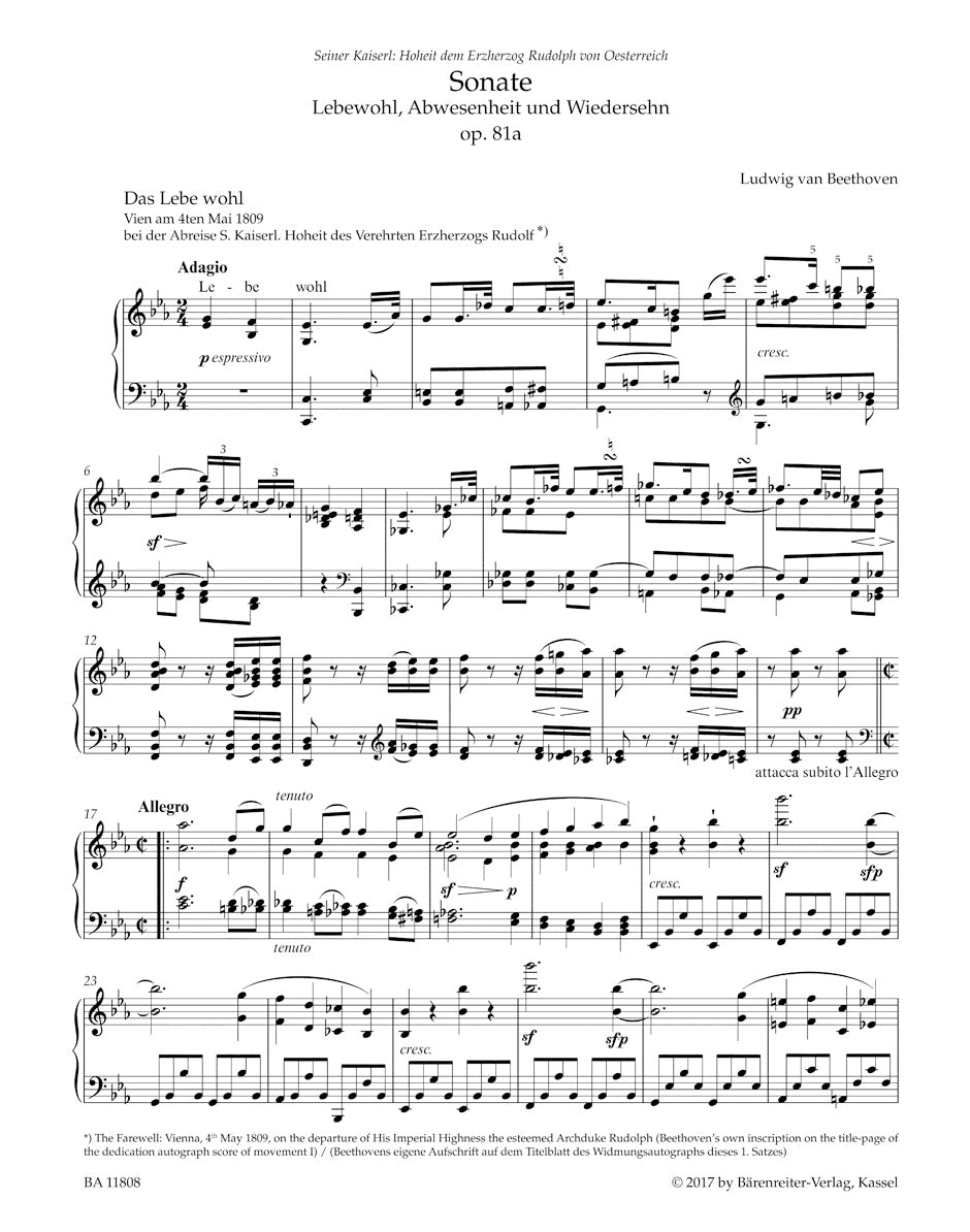 Beethoven Sonata for Pianoforte E-flat major op. 81a "Les Adieux" (Lebewohl, Abwesenheit und Wiedersehn)