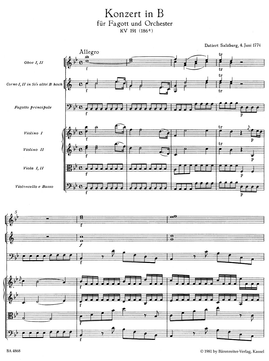 Mozart Concerto for Bassoon and Orchestra B-flat major K. 191(186e)