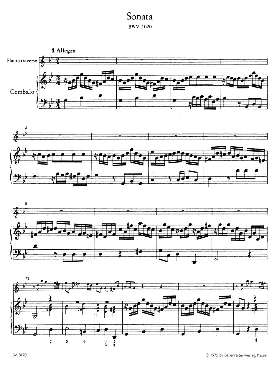 Bach Sonata for Flute and obbligato harpsichord (piano) G minor BWV 1020
