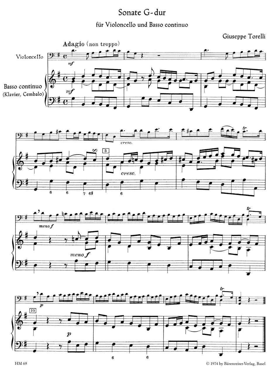 Torelli Sonate für Violocello und Basso continuo G-Dur