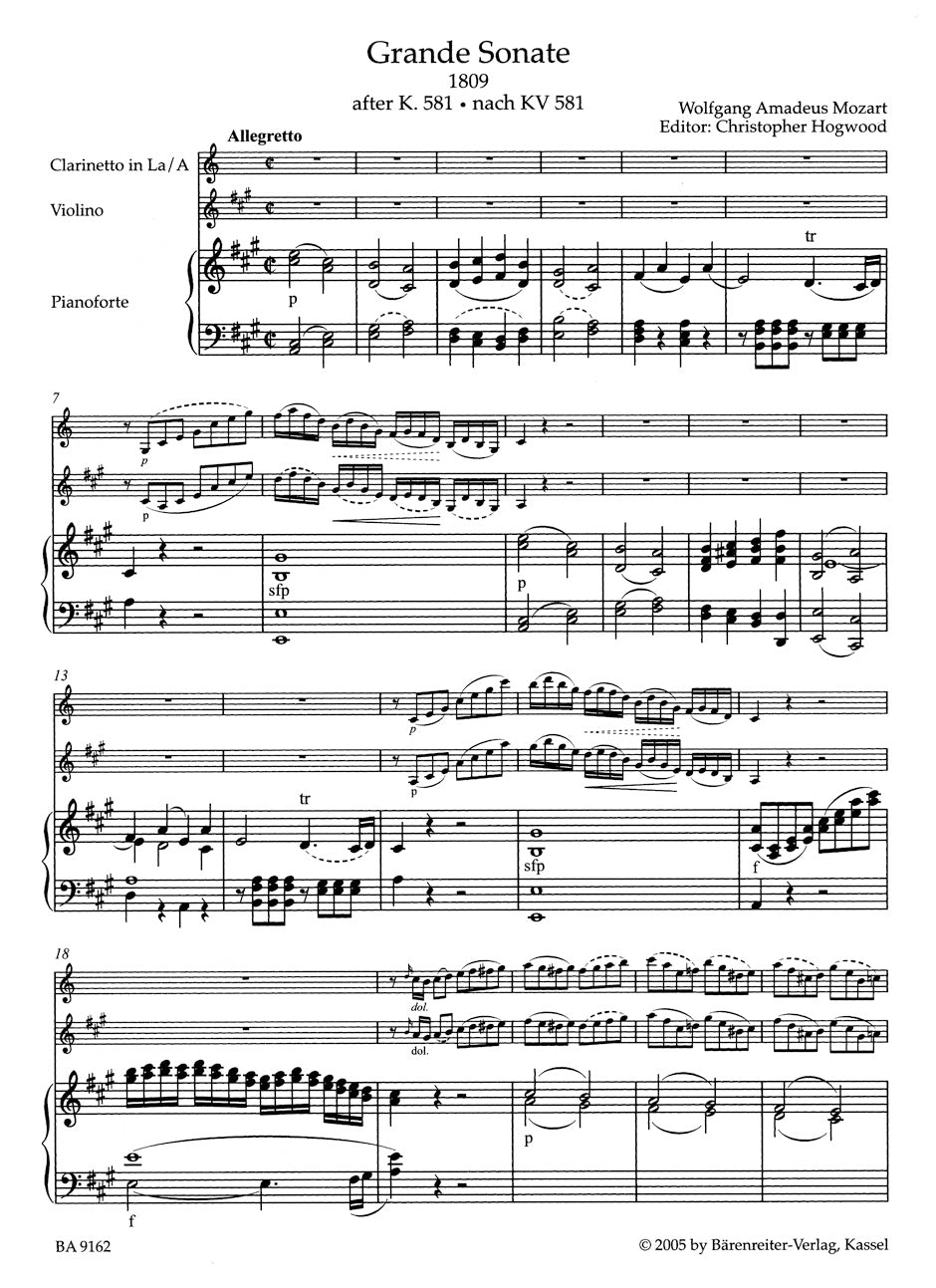 Mozart Grande Sonate for Clarinet (or Violin) and Piano A major (1809) (after the Clarinet Quintet K. 581)