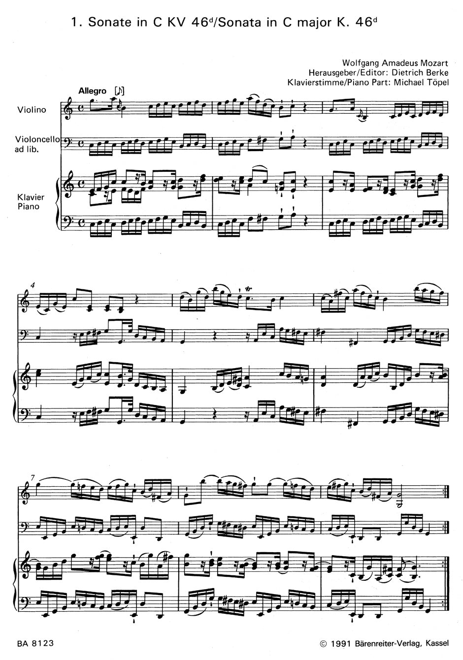 Mozart Zwei Sonaten KV 46d,e -Bearbeitung der Duos für Violine und Violoncello. Klavierstimme vom Herausgeber-