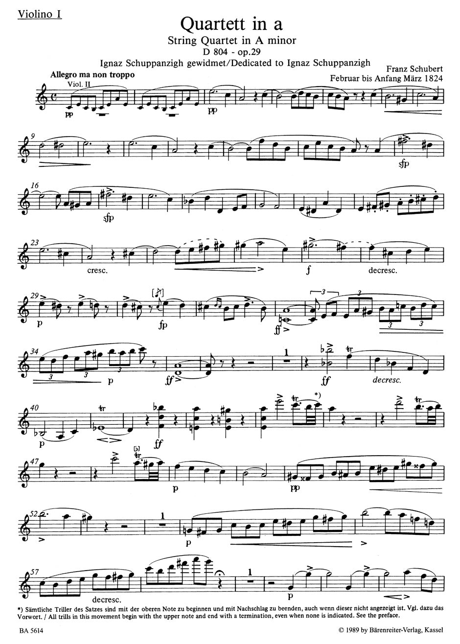Schubert String Quartet in a minor D 804 Opus 29 (Rosamunde) / String Quartet in c minor D 703 (Quartett-Satz) and fragment of the second movement