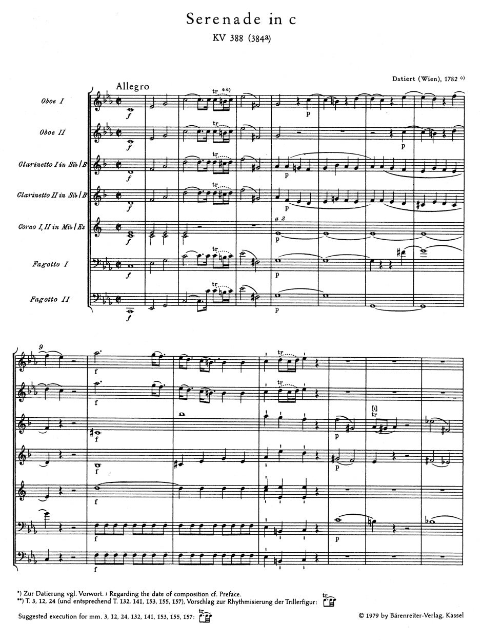 Mozart Serenade for two Oboes, two Clarinets, two Horns and two Bassoons C minor K. 388 (384a)
