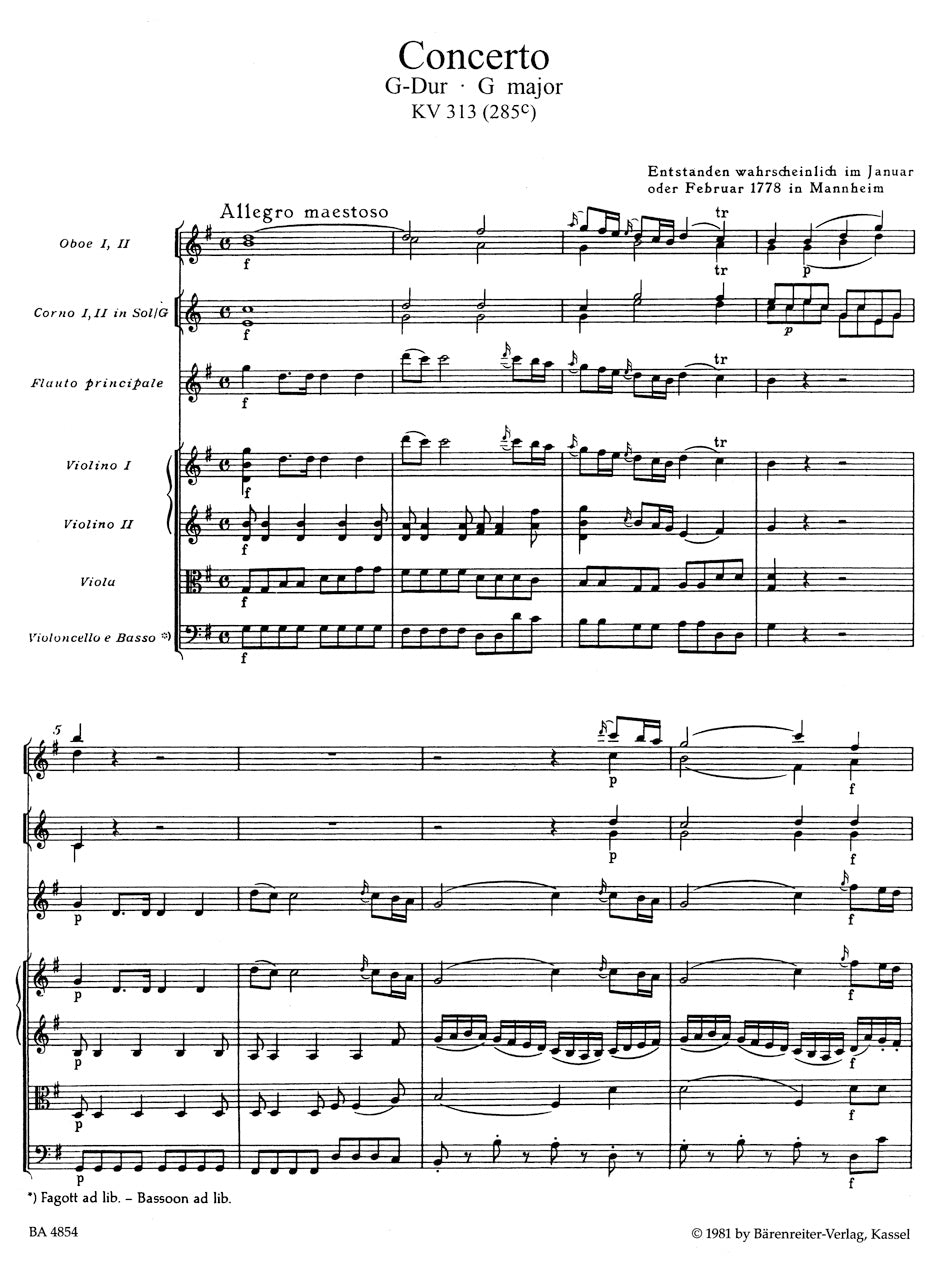 Mozart Concerto for Flute and Orchestra G major K. 313 (285c) Full Score