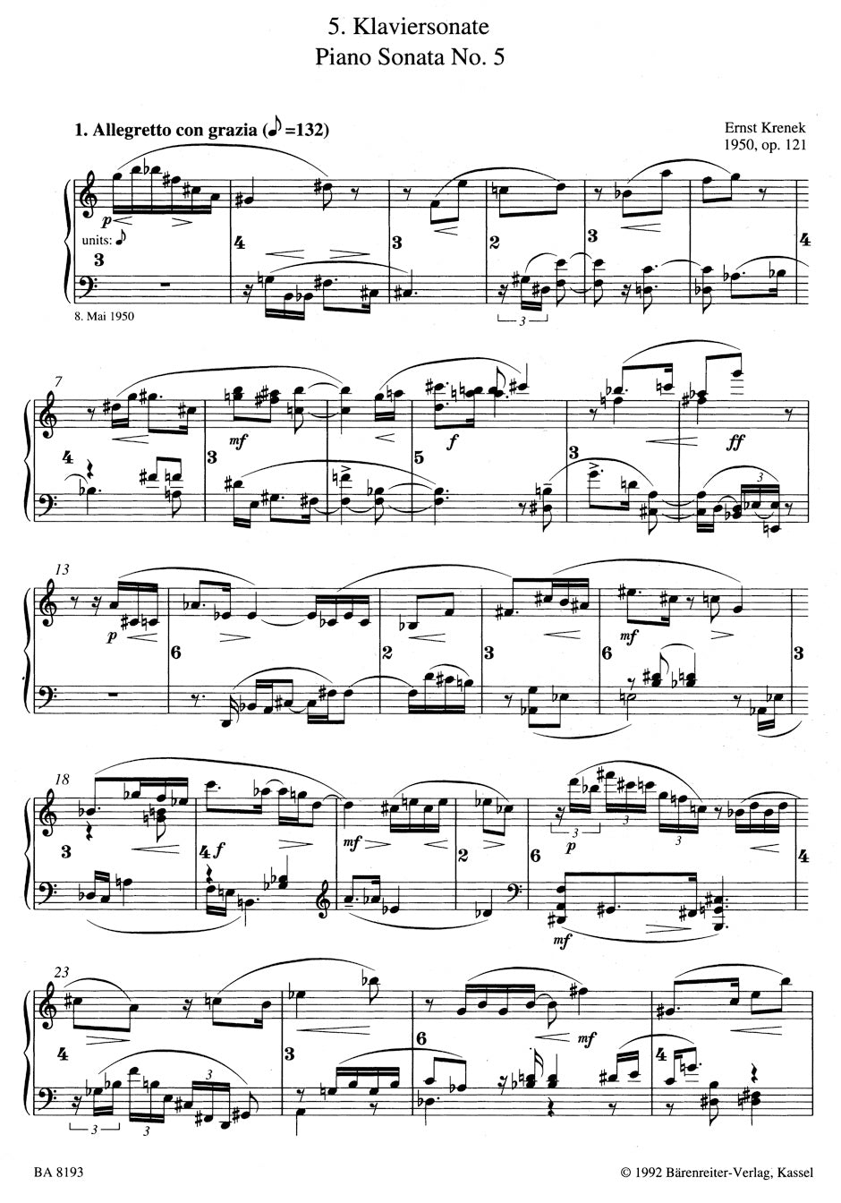 Krenek Piano Sonata No 5 op 121 (1950)
