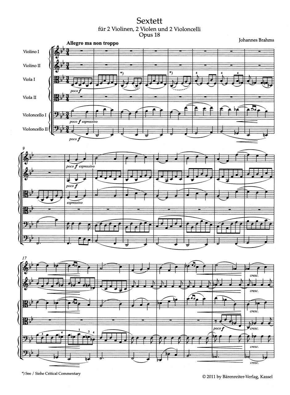 Brahms Sextet for 2 Violins, 2 Violas und 2 Violoncellos B-flat major op. 18