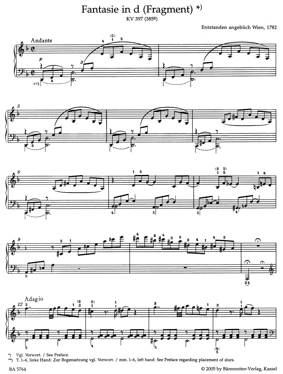 Mozart Fantasy for Piano D minor K. 397 (385g)