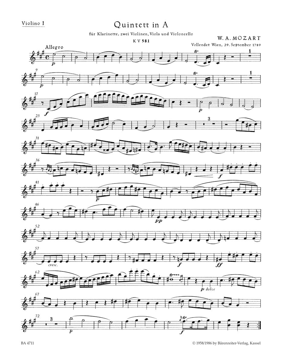 Mozart Quintet for Clarinet, two Violins, Viola and Violoncello in A major K. 581 "Stadler Quintet"