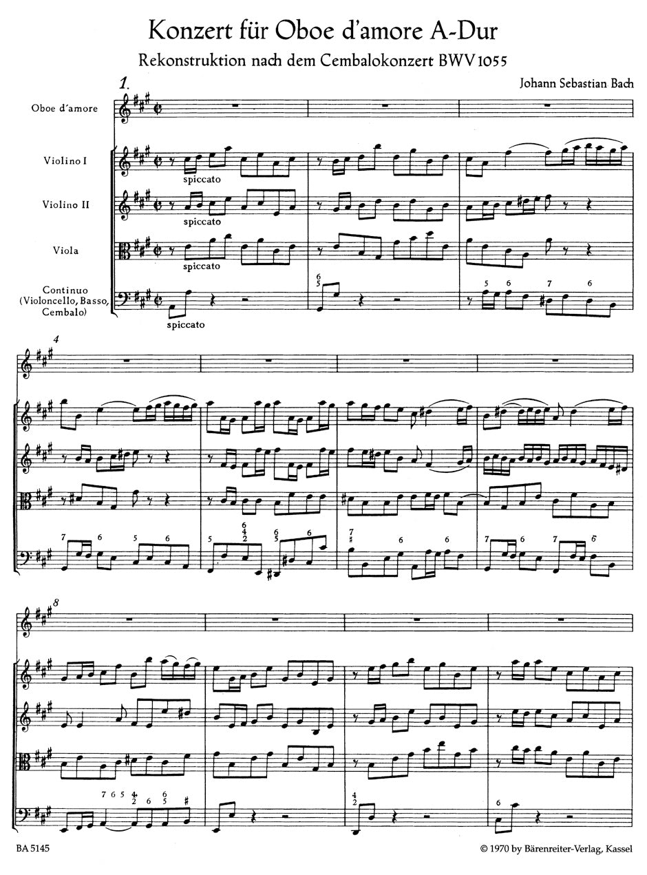 Bach Konzert für Oboe d'amore (Oboe), Streicher und Basso continuo A-Dur -Rekonstruktion nach BWV 1055-