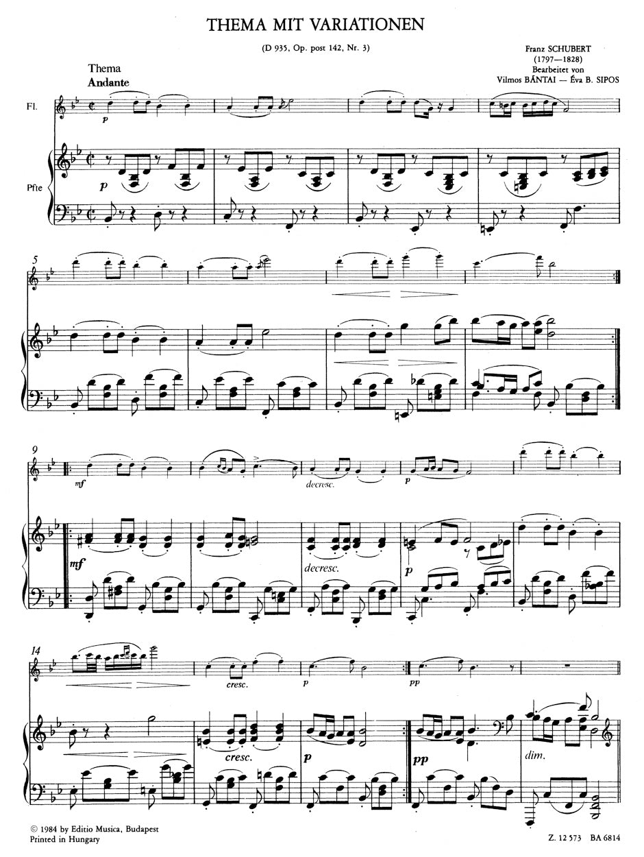 Schubert Theme with Variations for Transverse Flute and Piano according to Impromptu B flat major D 935, op post 142/3