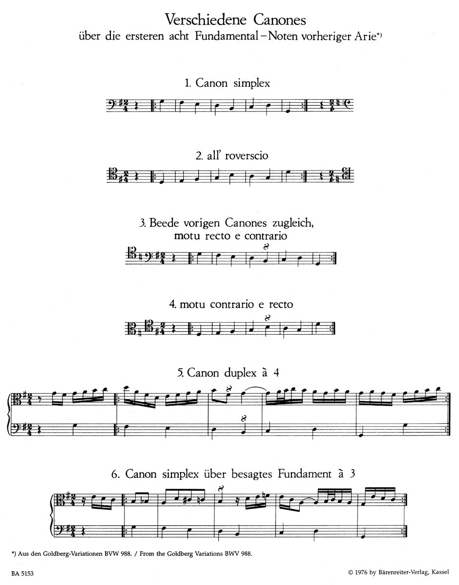 Bach vierzehn Kanons über die ersten acht Fundamentalnoten der Aria aus den "Goldberg-Variationen" BWV 1087 -Erstausgabe-