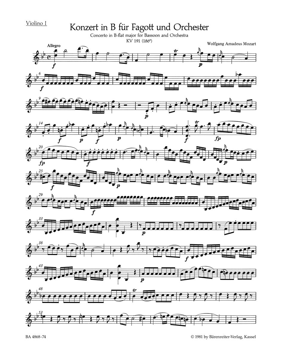Mozart Bassoon Concerto B-flat major K. 191(186e) - Violin 1 Part