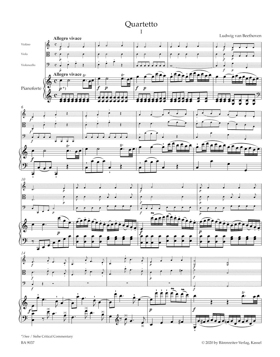 Beethoven Three Quartets for Pianoforte, Violin, Viola and Violoncello WoO 36