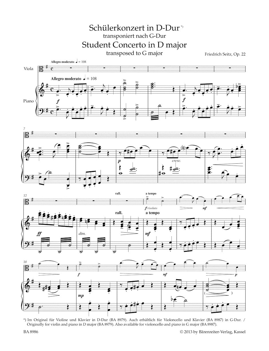 Seitz Concerto D major op. 22 (Arranged for viola, transposed to G major)