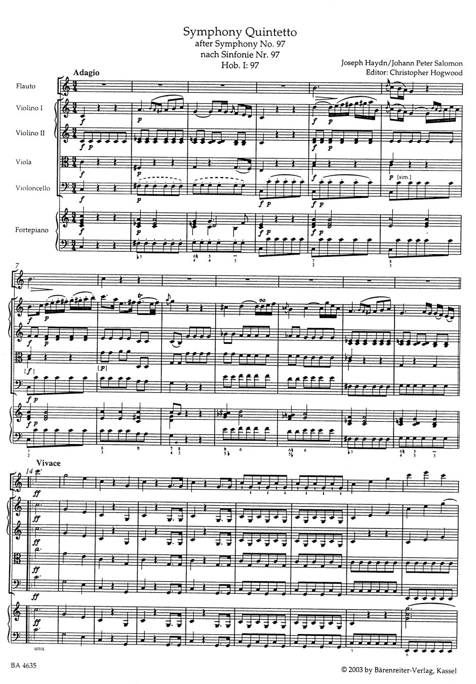 Haydn Symphony No 97 Arranged for Flute, String Quartet and Piano ad lib