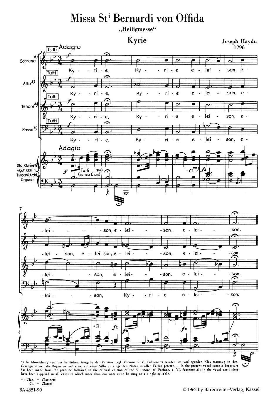 Haydn Missa Sancti Bernardi von Offida  "Heilig-Messe" Vocal Score