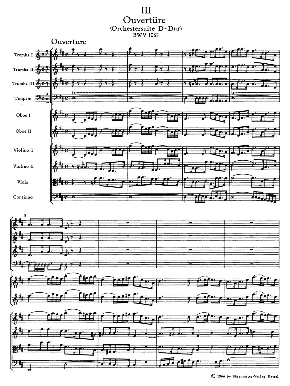 Bach Orchestral Suite (Overture) D major BWV 1068 Study Score