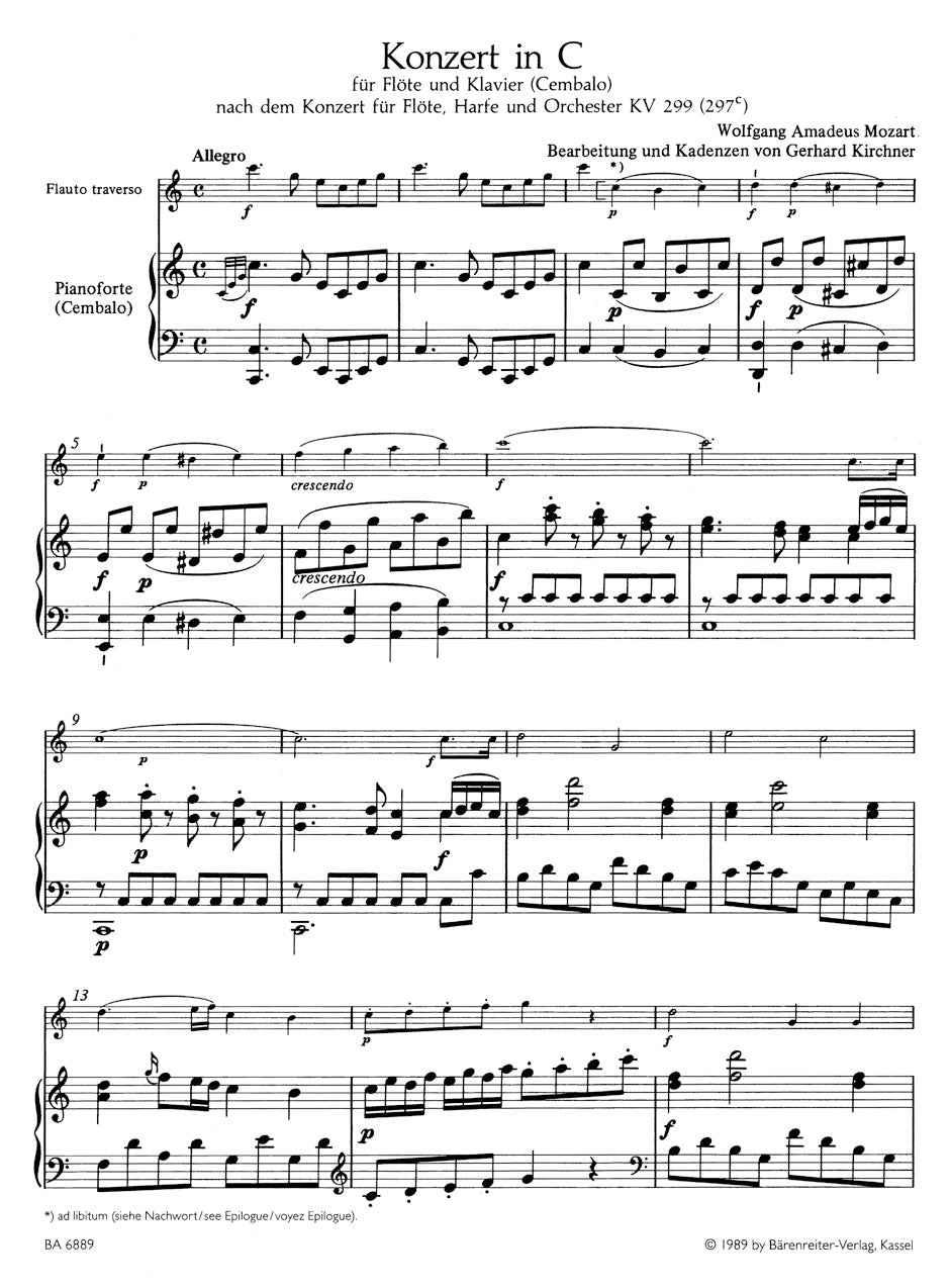 Mozart Concerto for Flute and Piano (Harpsichord) C major (based on the Concerto for Flute, Harp and Orchestra K. 299 (297c))