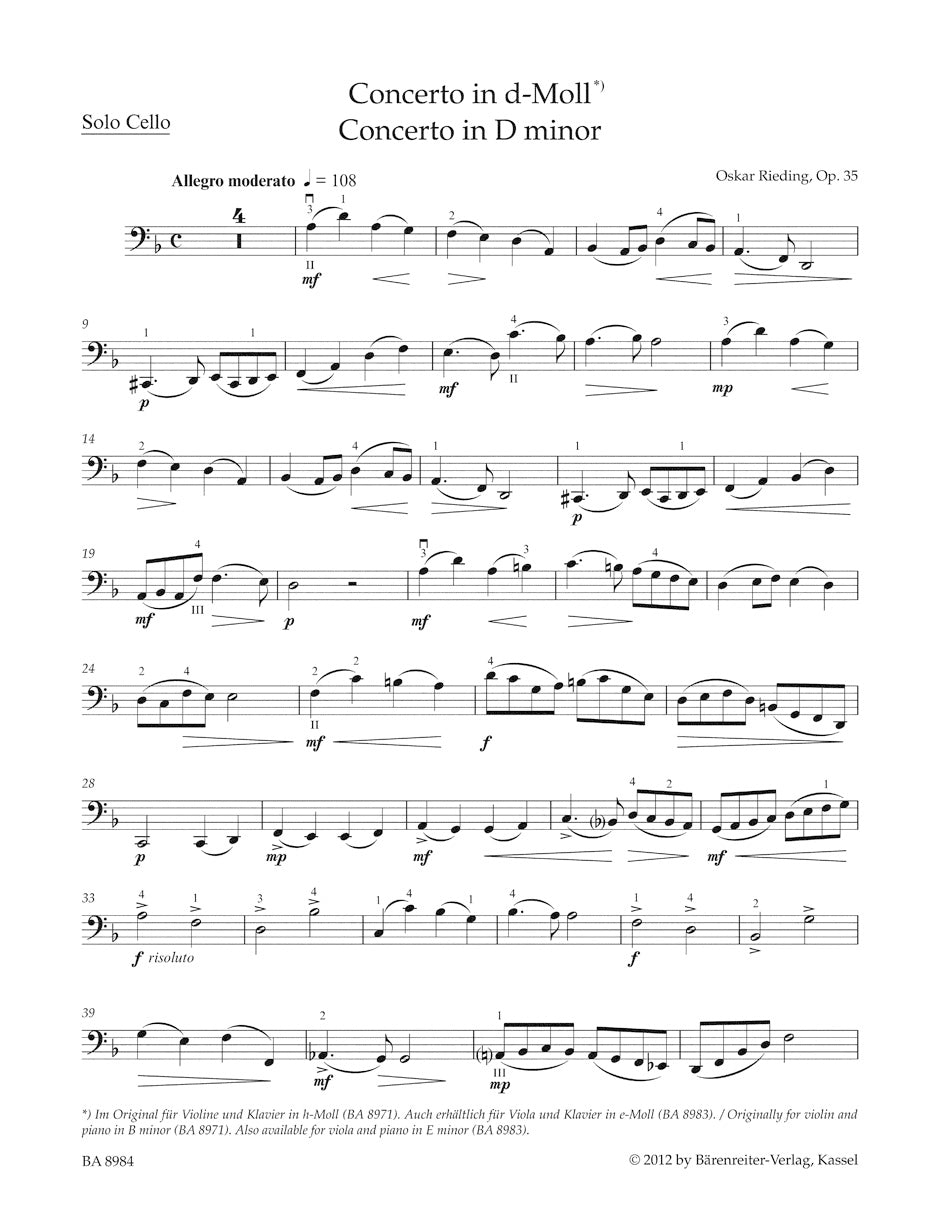 Rieding Concerto B minor op. 35 (Arranged for cello, transposed to D m