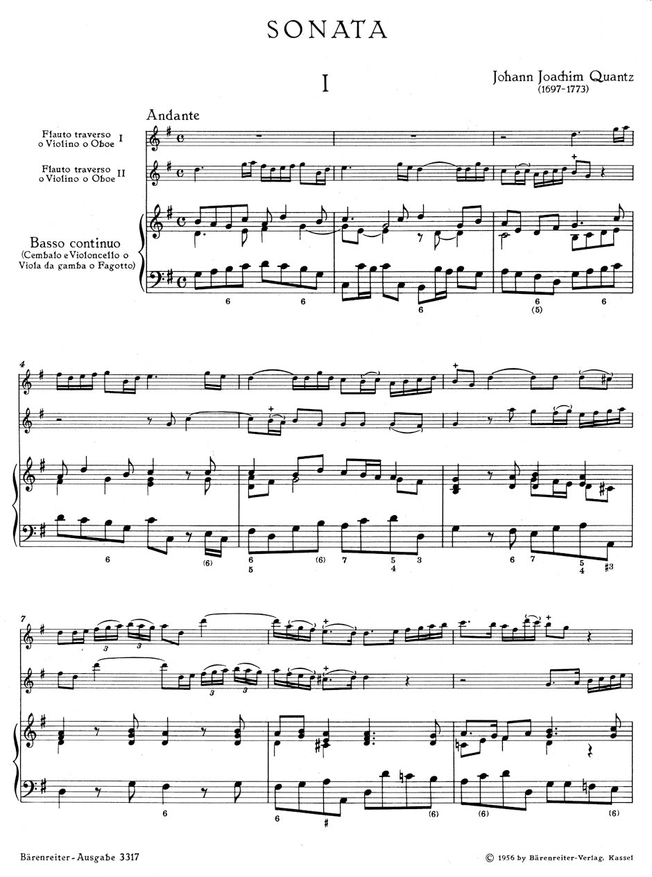 Quantz Trio Sonata for 2 Flutes and Basso continuo in G major