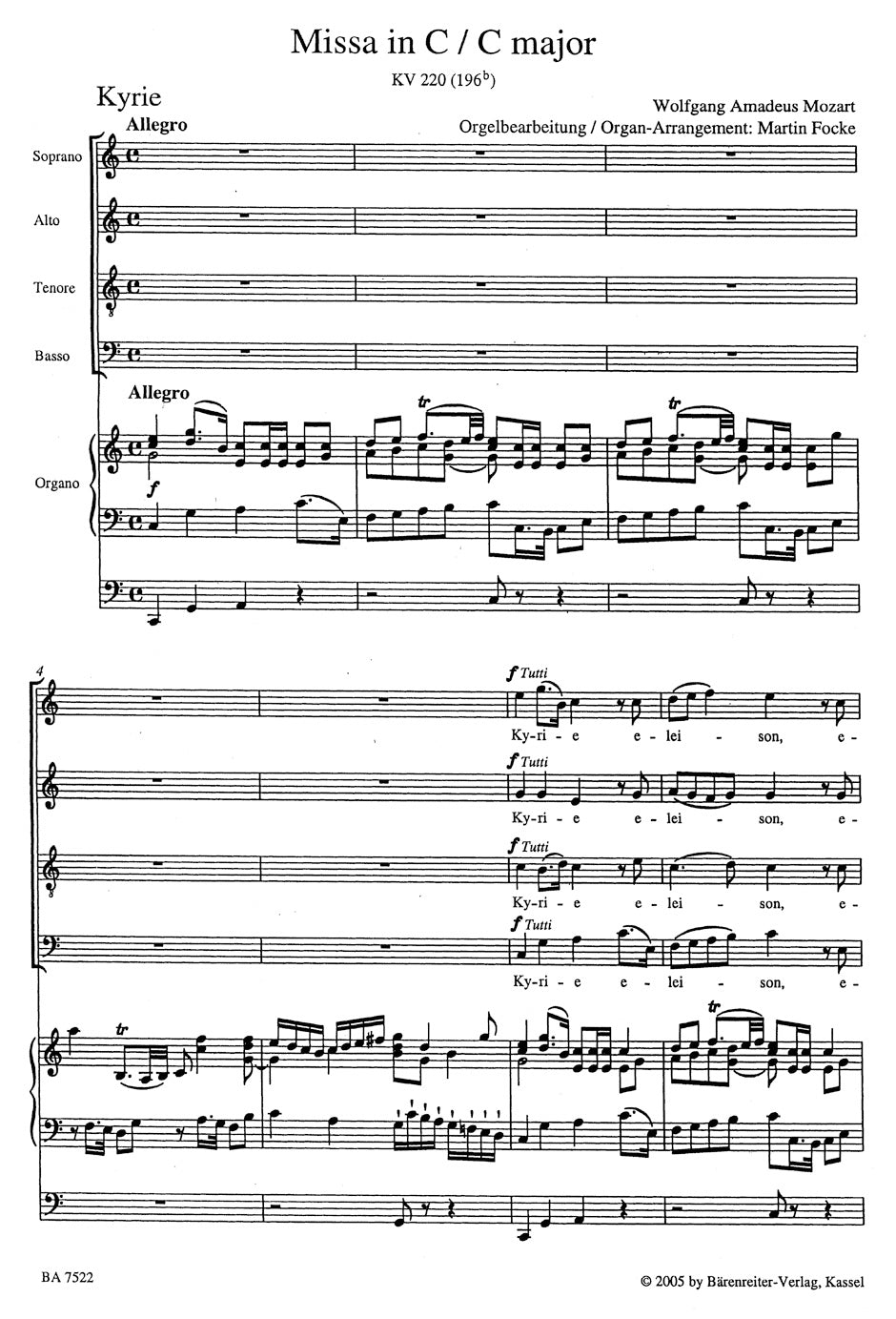 Mozart Missa C major K. 220 (196b) "Sparrow Mass" (Arranged for Soloists, Choir and Organ)