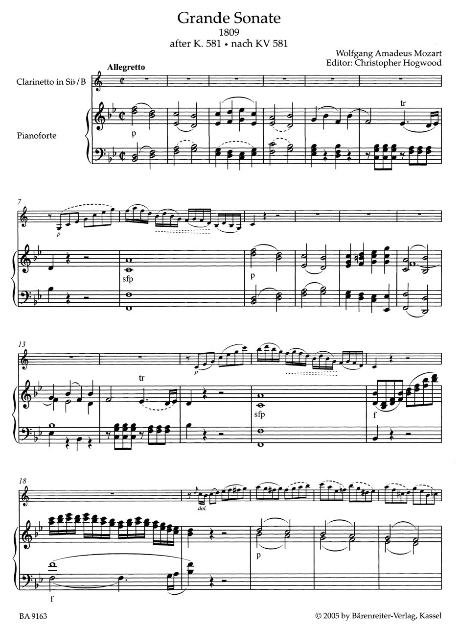 Mozart Grande Sonate for B flat Clarinet and Piano (nach dem Klarinettenquintett KV 581)