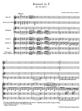 Mozart Piano Concerto F major K. 413(387a) -Concerto for Piano and Orchestra- (Study Score)