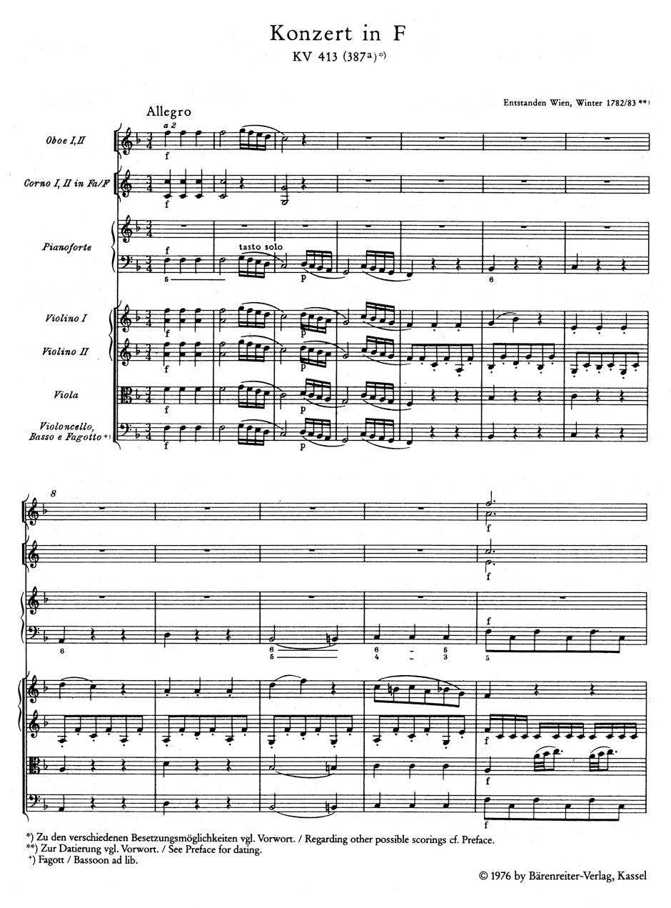 Mozart Piano Concerto F major K. 413(387a) -Concerto for Piano and Orchestra- (Study Score)