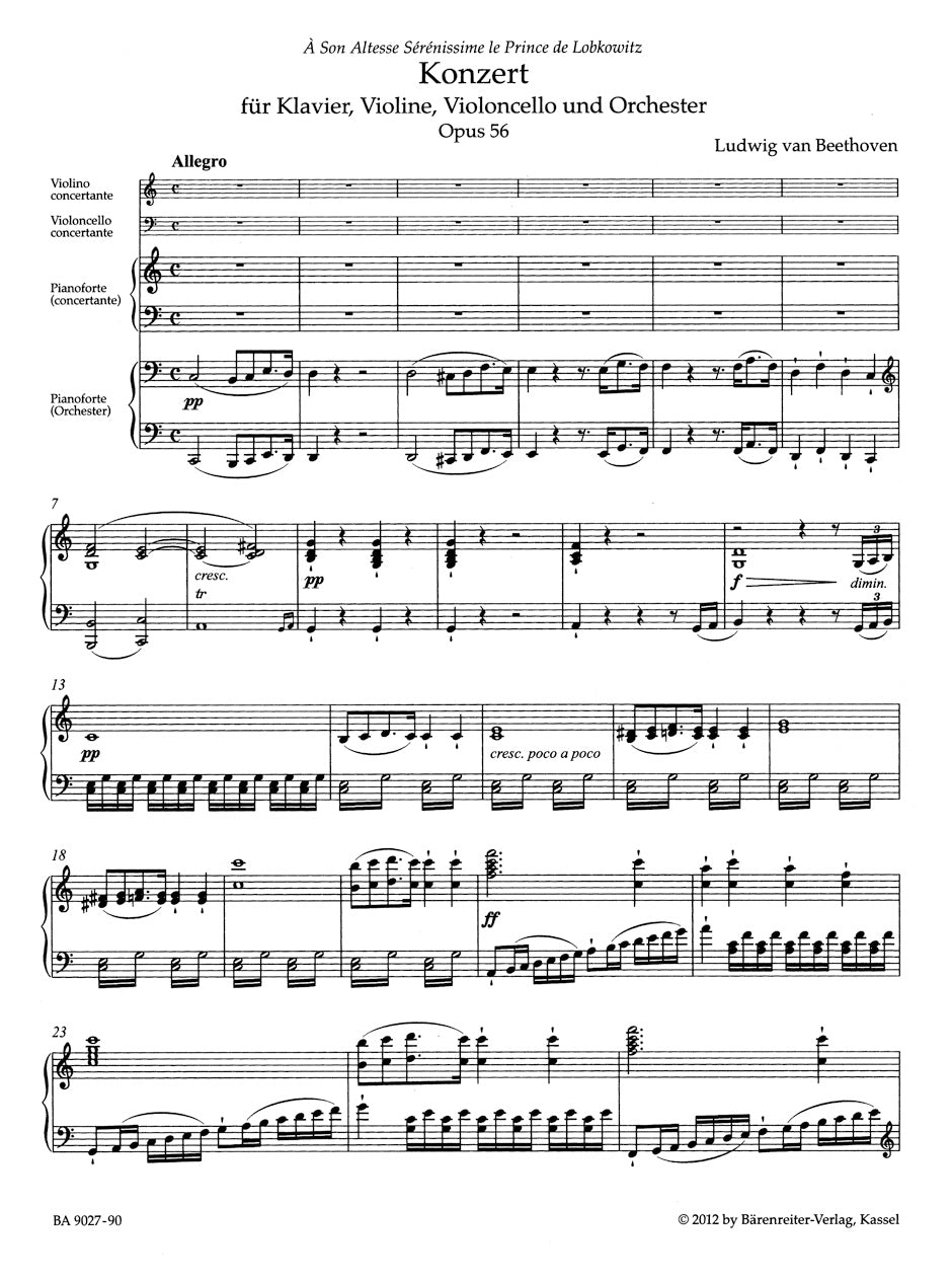 Beethoven Concerto for Pianoforte, Violin, Violoncello and Orchestra in C major Opus 56 (Triple Concerto) - Piano Reduction and Solo Parts