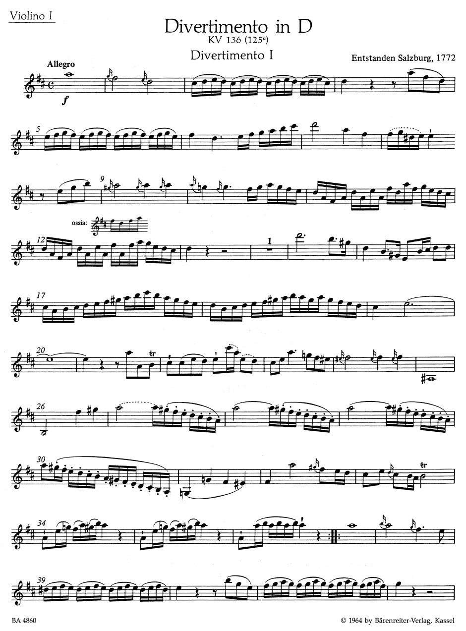 Mozart 3 Divertimenti for String Quartet K 136-138 (125a-c)