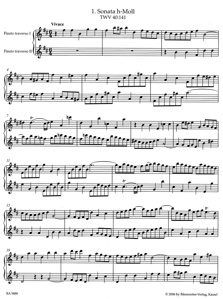 Telemann Nine Sonatas for Two Transverse Flutes without Figured Bass TWV 40:141-149 -Erstausgabe-