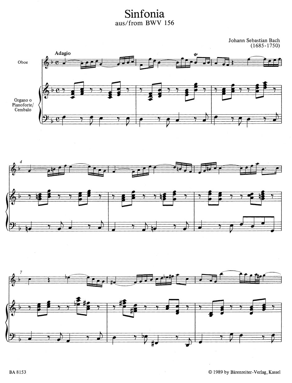 Bach Die schönsten Oboensoli aus den Kirchenkantaten BWV 12, 21, 76, 156, 249 -fünf Sinfonien mit obligater Oboe (Oboe d'amore)- (bearbeitet für Soloinstrument und Orgel (Cembalo)) (Stimme für beide Instrumente)