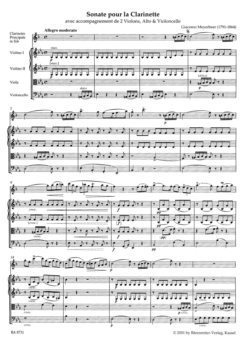 Meyerbeer Quintet in E flat major for Clarinet, 2 Violins, Viola and Violoncello