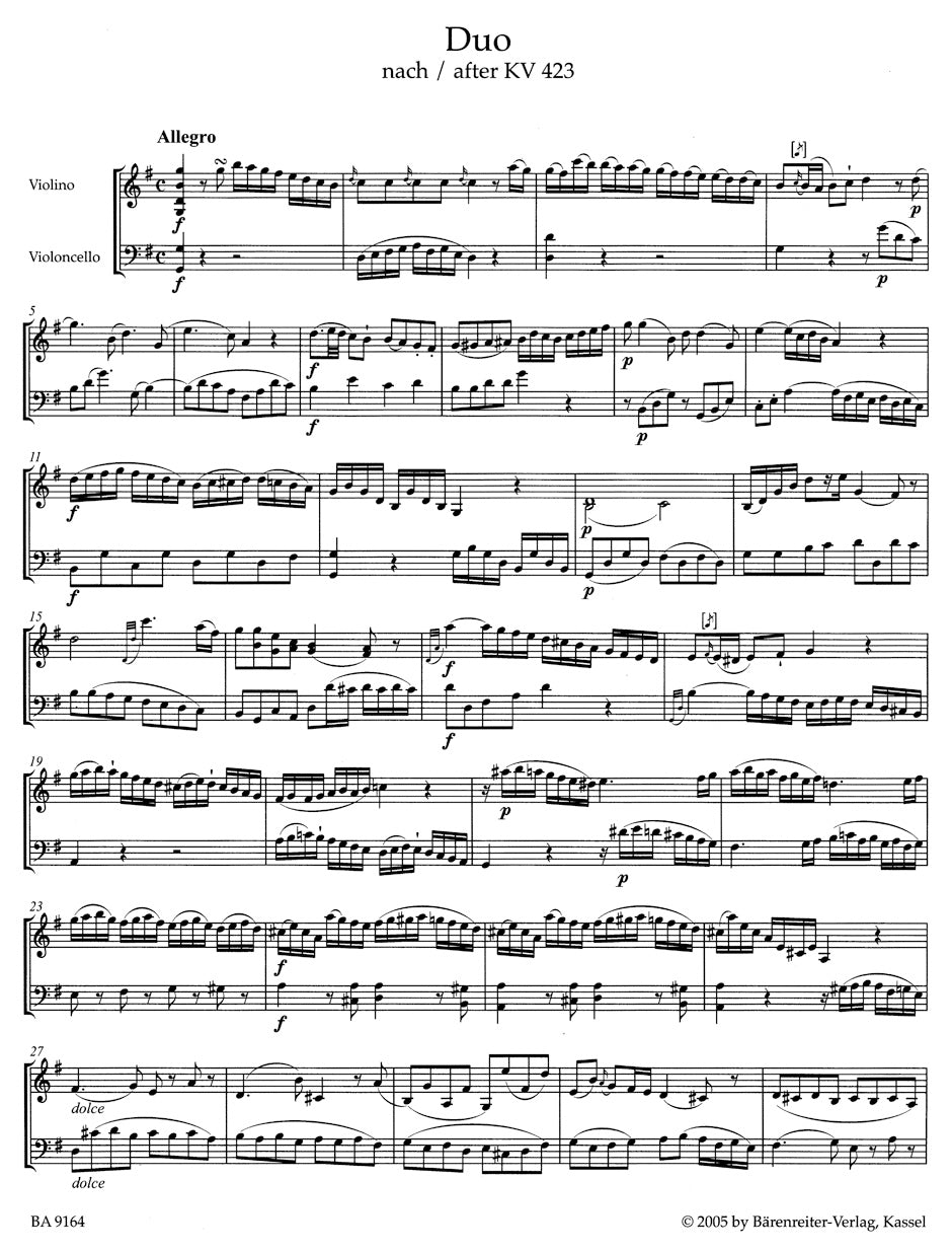 Mozart 2 Duos for Violin and Violoncello (after Duos for Violin and Viola K 423 and 424)