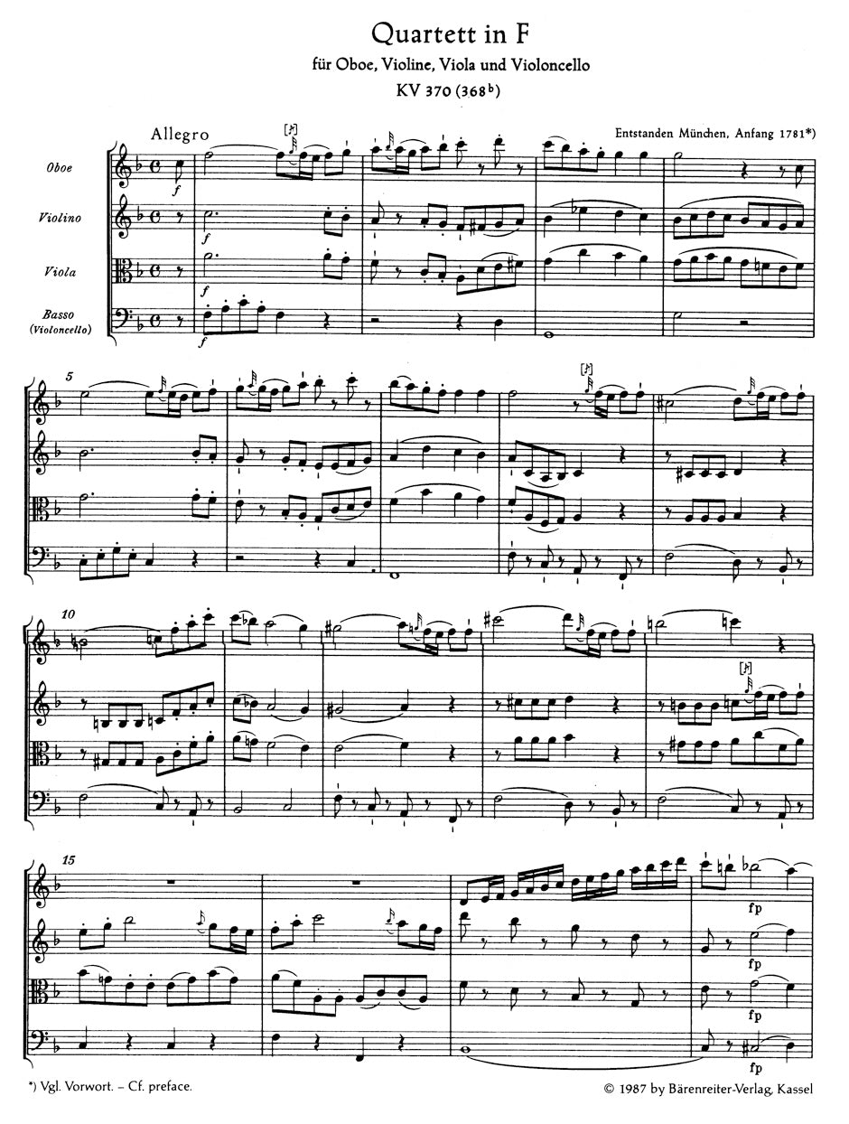 Mozart Quartet for Oboe, Violin, Viola and Violoncello F major K. 370 (368b)