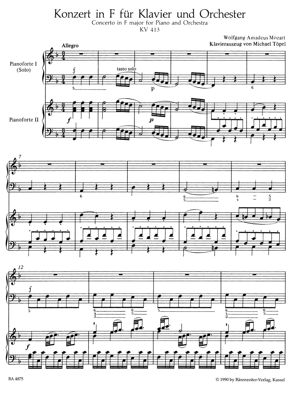 Mozart Concerto for Piano and Orchestra No 11 in F major K 413 for Pia